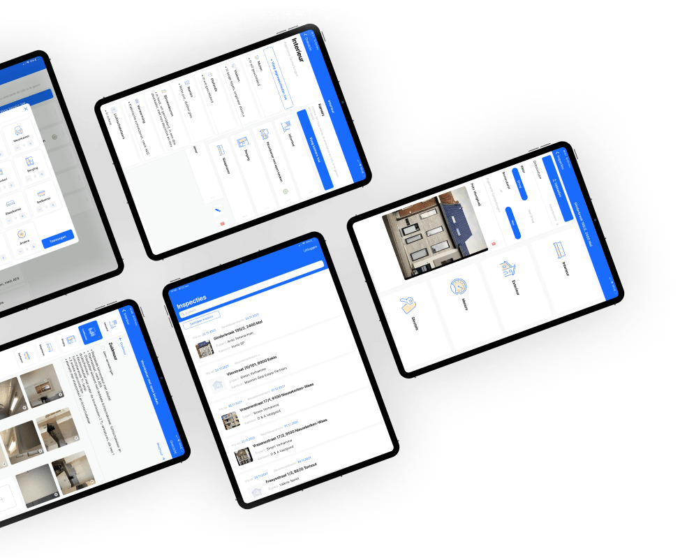 5 iPads geven de iOS App van PB Plus weer voor het opmaken van plaatsbeschrijvingen
